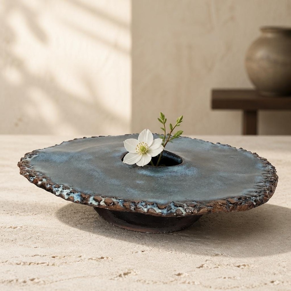 La Tulip ikebana Vase, Handmade Studio Pottery Blue Glaze Bronze Colored Rim